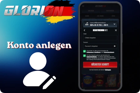 Registrierungsformular im Glorion Casino mit E-Mail, Land und Währung